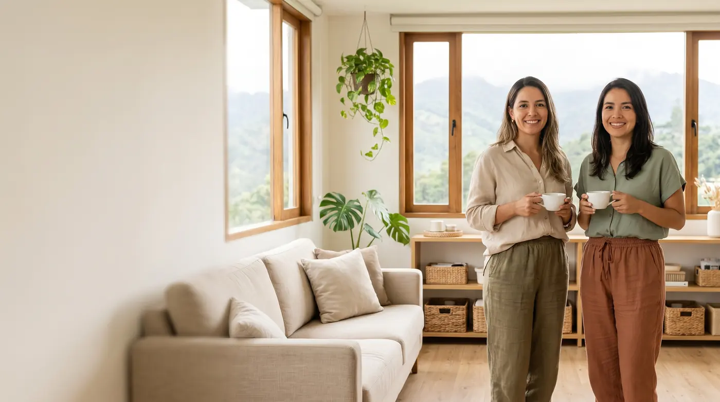 Dos organizadoras sonriendo con una taza de café en una sala ordenada con vista a las montañas