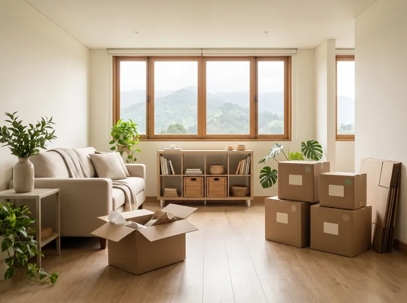 Sala de una casa nueva con cajas rotuladas, algunas ya desempacadas, y ventanales con vista a las montañas