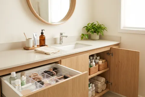 Baño con mesón despejado y cajón con organizadores para cada producto