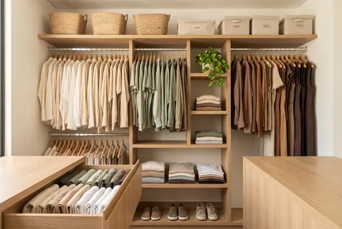Clóset organizado con ropa colgada por colores y prendas dobladas en vertical