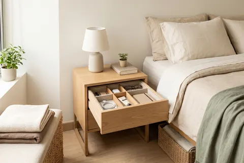 Mesa de noche con cajón organizado junto a una cama tendida