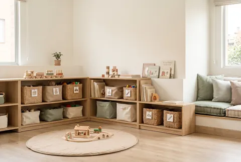 Cuarto de juegos con repisas bajas y canastos con etiquetas de dibujos