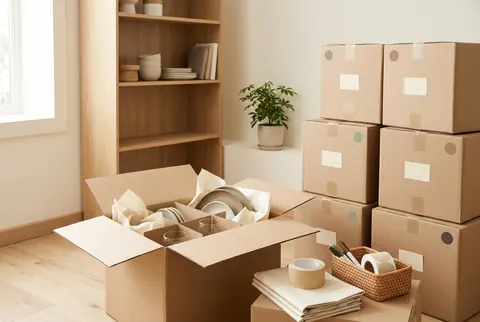 Cajas de mudanza rotuladas y vajilla empacada con cuidado